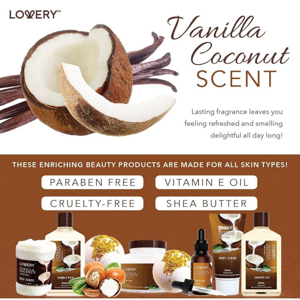 NWT ~ Lovery's 9 Piece Vanilla & Coconut Spa Gift Basket - Picture 4 of 12